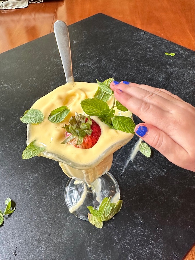 a 4-year-old garnishing an ice cream dish with too many mint sprigs